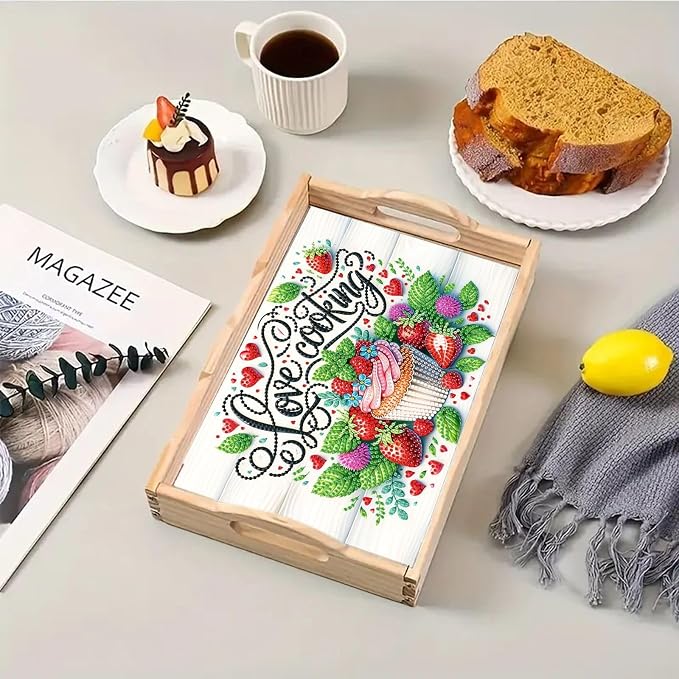 BAYUNOE DIY Diamond Serving Tray Rectangular Wooden Breakfast Tray with Handle Handmade Diamond Art Painting Spring Creative Dinner Plate Coffee Room Living Home Organizer-Cupcake