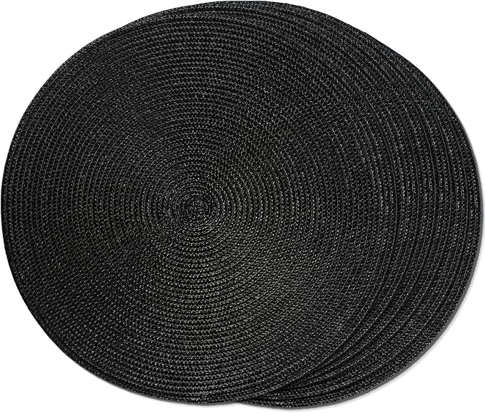 FunWheat Round Braided Placemats Set of 6 Place Mats for Dining Table Woven Washable Non-Slip Table Mats 15 Inch (Black, 6pcs)
