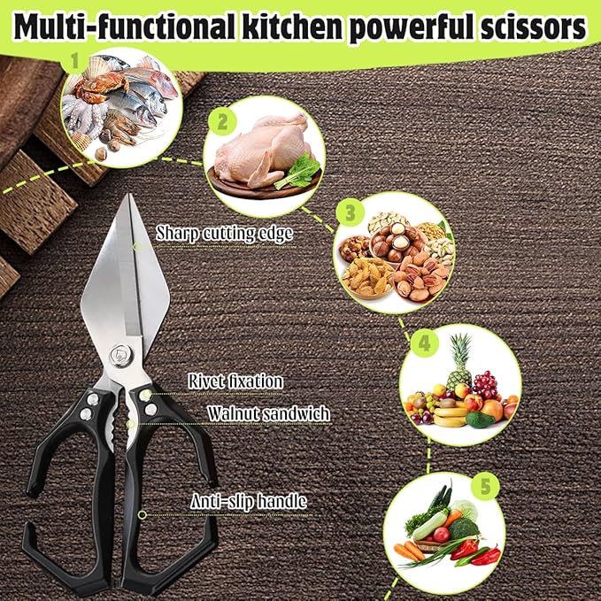 Multifunctional Heavy-Duty Kitchen Shears, Heavy Duty Kitchen Scissors with Ergonomic Handle,High-Carbon Steel Japanese Scissors for Chicken,Meat,Seafood,Bone Cutting (2*Black)