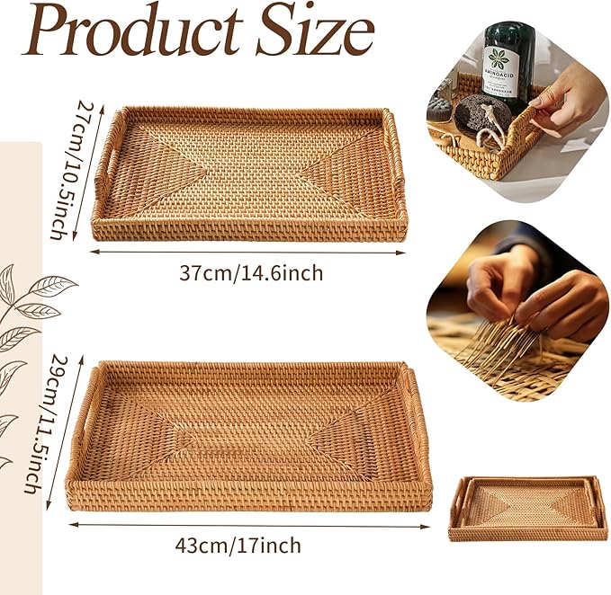 17'' Rattan Serving Tray Rectangle with Handles, Vintage Wicker Table Tray for Decor, Boho Hand Woven Seagrass Coffee Table Basket Tray for Ottoman, Breakfast, Bathroom, Outdoor