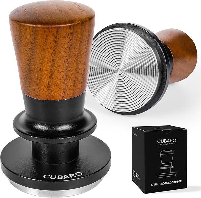 Calibrated Espresso Tamper - 30lb Spring Loaded Auto-Leveling Coffee Tamper with Walnut Handle & Ripple Stainless Steel Base (58MM)