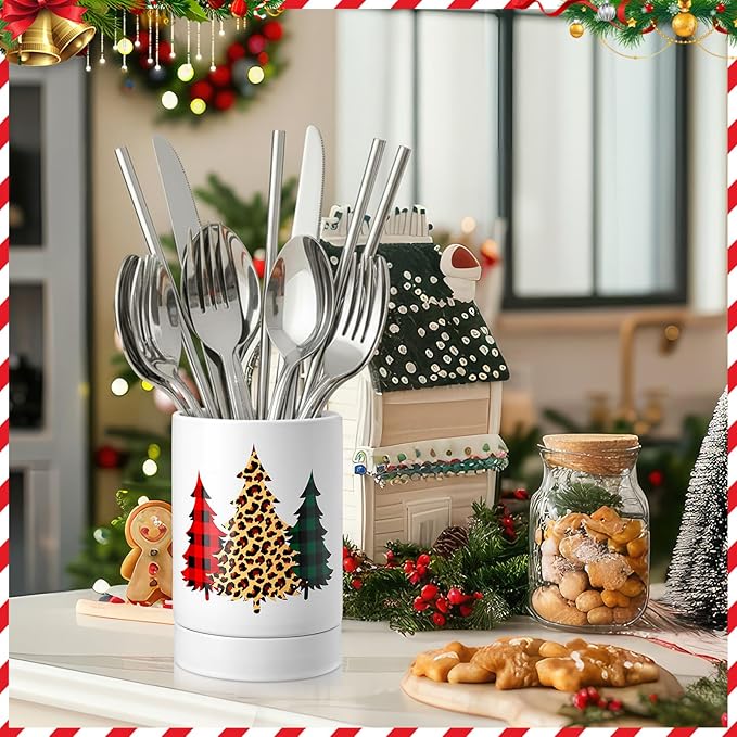 Christmas Tree Kitchen Decoration Ceramic Kitchen Utensil Holder Crock Spoon Organizer for Countertop Table Decorations Coffee Spoon Holder Jar for Cooking Tools