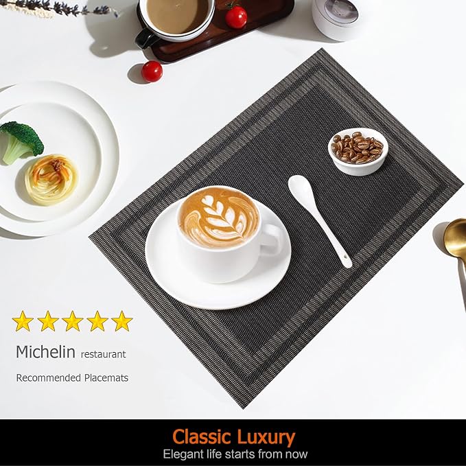 Placemats Set of 6 Washable&Wipeable Place mats for Dining Table Kitchen Indoor Outdoor Table Mats Heat Resistant Non Slip Woven Vinyl Table Placemats (Black，6PCS)