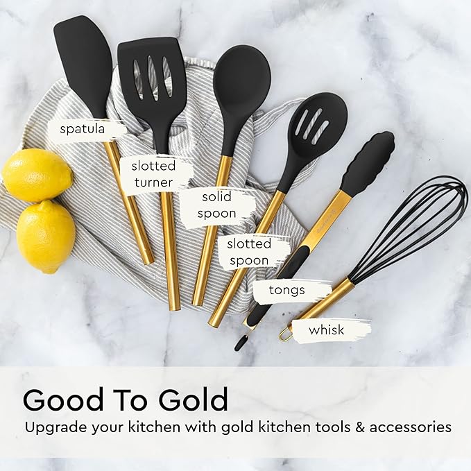 Black and Gold Kitchen Utensils Set - 6-PC Silicone Utensils Set Include Tongs, Whisk, Serving Spoon, Spatula, and Turner for Stylish Cooking and Baking - Black and Gold Kitchen Accessories and Decor