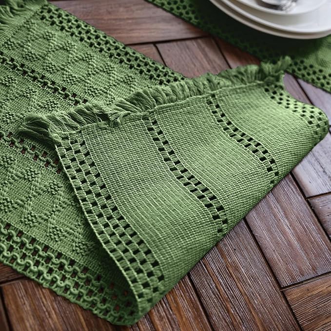 Macrame Table Runner Green Boho Table Runners with Tassels Hand Woven Cotton Table Runner Rustic Farmhouse Table Runners for Bohemian Kitchen Dining Table(12x108in)