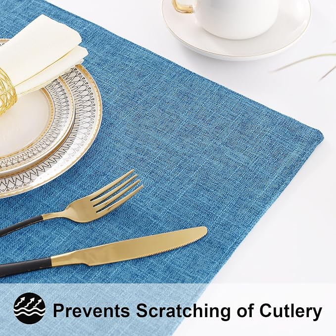 homing Faux Cotton Linen Placemats Set of 6, Cloth Washable Farmhouse Dining Table Mats for Indoors & Outdoors, Easy to Clean, Blue, 13 x 19 Inch
