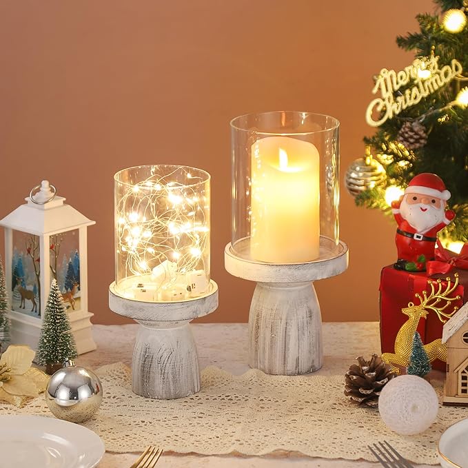 4" & 5" Glass Hurricane Candle Holders with Distressed White Solid Wooden Base in Set of 2, Decorative Centerpiece for Home, Coffee Table, Fireplace Mantel, Wedding, Modern Farmhouse Style