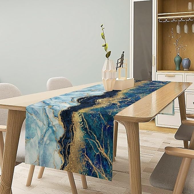 Marble Table Runner, Abstract Blue and Gold Foil Modern Luxury Texture Printed Linen Table Runners for Living Room Kitchen Dining Room Party Holiday Home Decor 13" W x 108" L
