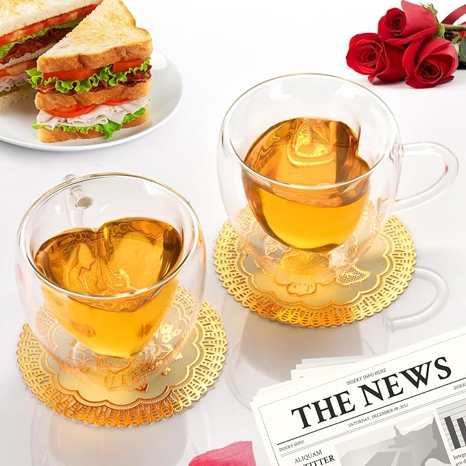 Double Wall Heart Shaped Coffee Mugs Set of 2, Espresso Glass Cups with Handle, for Coffee, Latte, Tea, Wine cup, Party, Gifts, 8oz/240Ml (with Exquisite Coasters)