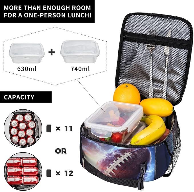 Football Lunch Box Insulated Thermal Reusable Lunch Bag Cooler Totes For Men Work Office Picnic Hiking