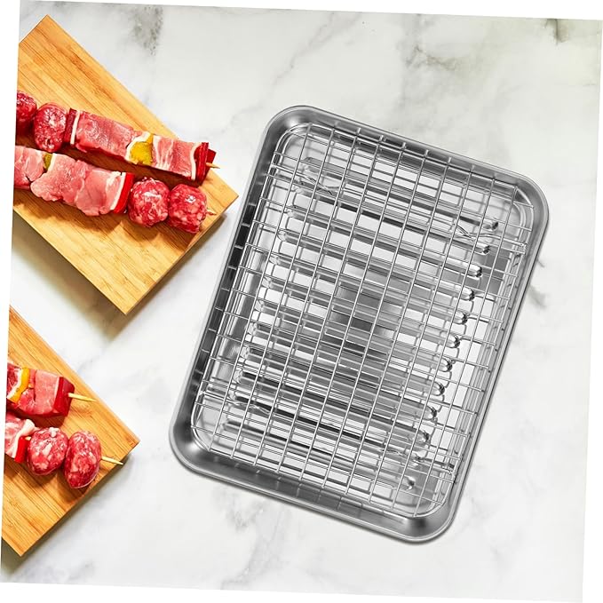 ABOOFAN 1Set Stainless Steel Baking Tray with Wire Rack Food Grade Non Stick Oven Pan Cooling Rack for Home Baking Camping and Restaurants Easy Clean