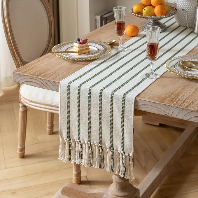 Caflife Boho Table Runner 60 Inchs Long Green and Beige, Cotton and Linen Woven with Tassels, for Modern Rustic Farmhouse Neutral Table Runners, Bohemian Kitchen Dining Table Home Decor