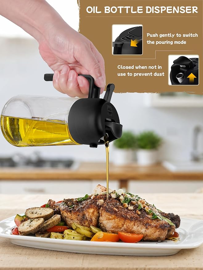 Kitchen Gadgets Oil Sprayer for Cooking 2pcs,Oil Dispenser for Kitchen,2 in 1 Oil Dispenser and Oil Sprayer,16oz Olive Oil Dispenser Bottle for Air Fryer,Salad, Grill (Black KitchenAccessories)