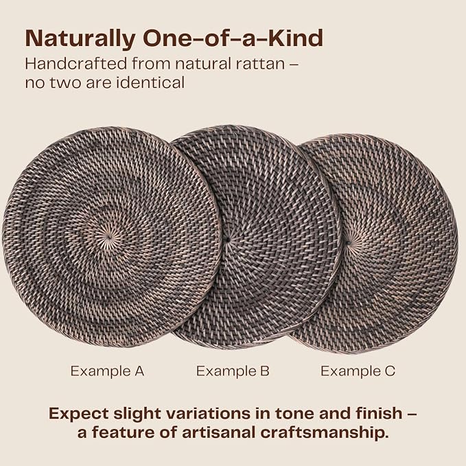 6-Pack Rattan Placemats - 13-inch Round Placemats (Blackwash) - Woven Place Mats, Round Table Mats - Wicker Chargers for Dinner Plates, Plate Chargers Boho