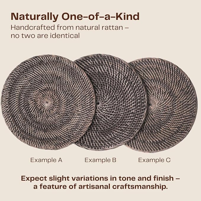 4-Pack Rattan Placemats - 13-inch Round Placemats (Blackwash) - Woven Place Mats, Round Table Mats - Wicker Chargers for Dinner Plates, Plate Chargers Boho