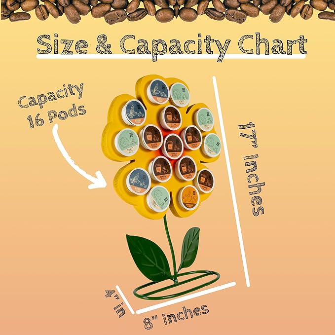 Made Easy Kit Front Facing Countertop Coffee Pods Holder - Compatible with K-Cups Practical meets Whimsical - Coffee Bar Decor for Home Café Kitchen Nook (Yellow Sunflower)