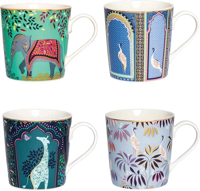 Sara Miller India Mugs, Set of 4 - 12oz Fine China Tea & Coffee Mugs with 22ct Gold Detailing - Collectible Drinkware Featuring Exotic Wildlife in Vibrant Jewel Tones - Great for Gifting
