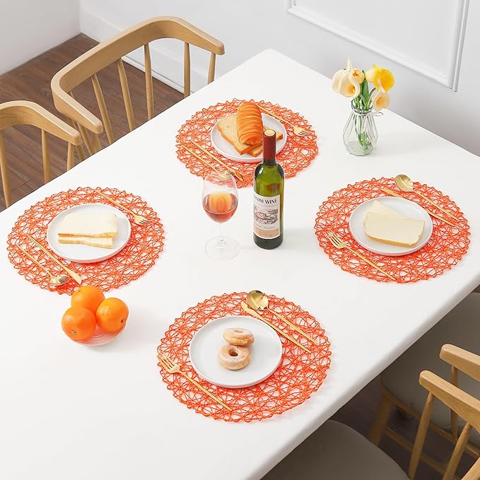 IcosaMroTangerine Round Placemats Set of 6 for Dining Table, 15 Inch Paper Woven Boho Decorative Circle Place Mat for Wedding Christmas Thanksgiving Day Holiday Dinner, Tangerine