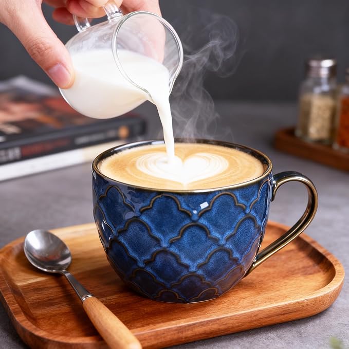 Ceramic Extra Large Coffee Mugs with Handles, 24 oz Coffee Cups, Large ceramic mugs for Hot Chocolate, Cappuccino, Ramen,Oatmeal, Microwave SafeSet of 2 (Reactive Glaze Blue)