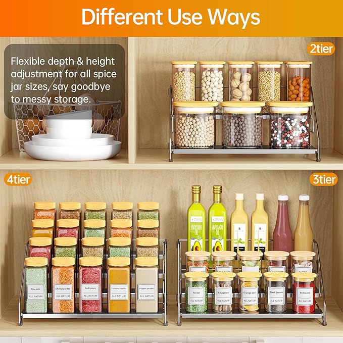 RCHYFEED 2 Pack 4 Tier Adjustable Spice Rack Organizer, Foldable Chrome Vertical Spice Organizer for Cabinet & Countertop, Space Saving Storage Shelf for Kitchen Pantry Bathroom