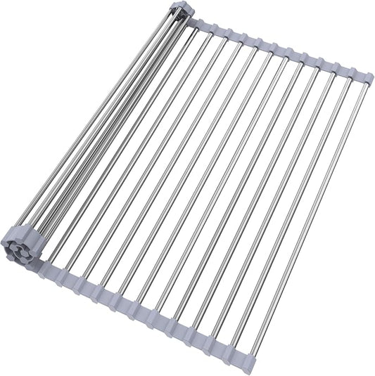 Roll Up Dish Drying Rack for Over Sink - 17.5"x15.7" Foldable Stainless Steel Kitchen Drainer,Gray