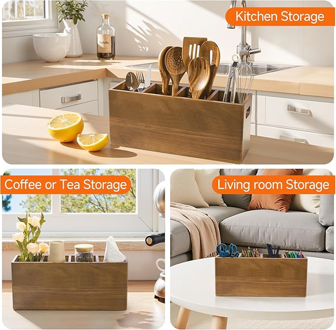 Wooden Utensil Holder Counter, Kitchen Utensil Organizer Large 4 Compartment Cooking Utensils Holder, Acacia Rustic Wood Farmhouse Storage Container Crocks for Silverware and Cooker Set