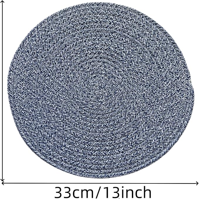 WAZAIGUR Round Placemats Washable Thick Cotton Absorbent 13 inch Round Table Mats for Kitchen Dining Table Set of 4 Round Woven Fabric Indoor/Outdoor Place Mats (Blue and White, 4)