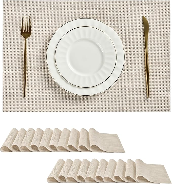 Leetaltree Beige White Placemats Set of 20 - Heat Resistant Non-Slip Place mats for Dining Table, Washable Durable PVC Vinyl Woven Table Mats(Beige White, 20)