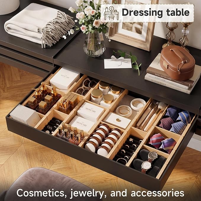 Bamboo Drawer Dividers, Expandable Kitchen Drawer Organizer, Include 4 Dividers, 4 Small Inserts and 4 Medium Inserts for Home, Office, Dressers