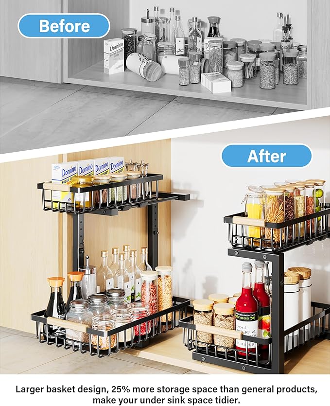 Hahaemall Under Sink Organizer for Bathroom Storage: Pull Out Storage Undersink Organizers Drawer - Sliding 2 Tier Rack Metal Organization Under Counter Kitchen Cabinet for Families, 2 Pack