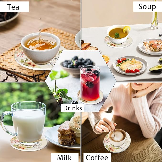 6 Pcs Drink Coasters with Holder,Vintage Watercolor Bird Flower Absorbent Round Ceramic Coaster for Tabletop Protection,for Coffee Cup Beverage Coasters Wine Beer Bar