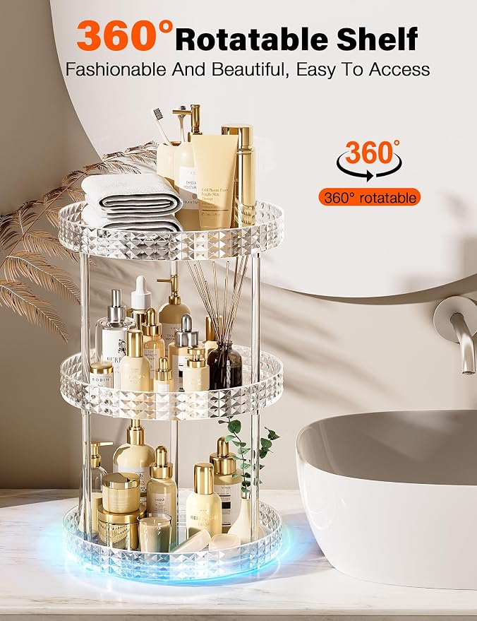 3Tier Diamond Lazy Susan Bathroom Countertop Organizer, 360° Clear Rotating Makeup Cosmetic Perfume Storage Tray, Spinning Vanity Organizer Shelf for Bathroom Cabinet, Dresser, Kitchen(Large)