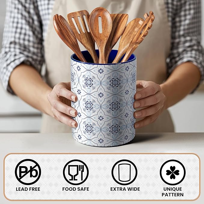 Ceramic Kitchen Utensil Holder for Countertop, Embossed Pattern Crock with Kiln-Fired Finish, Counter Organizer for Cooking Tools , ,Navy Blue