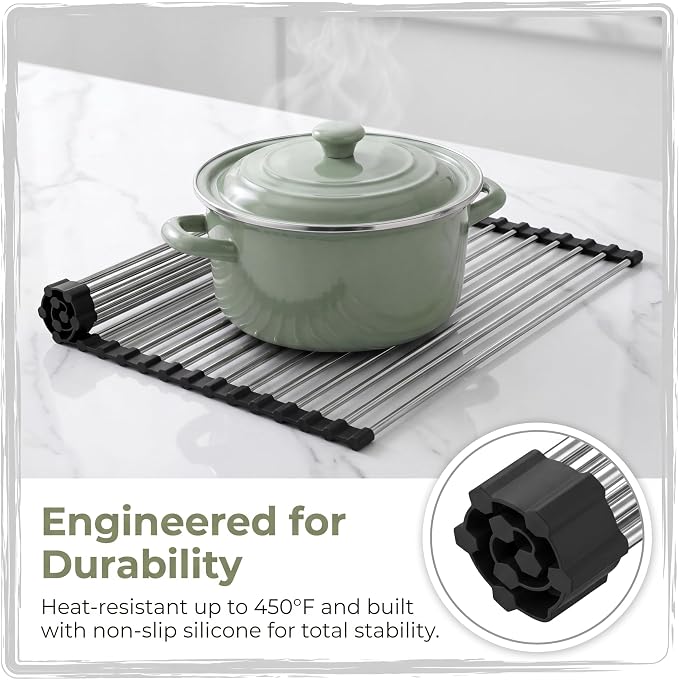 Roll Up Dish Drying Rack for Over Sink - 17.5"x15.7" Foldable Stainless Steel Kitchen Drainer, Black