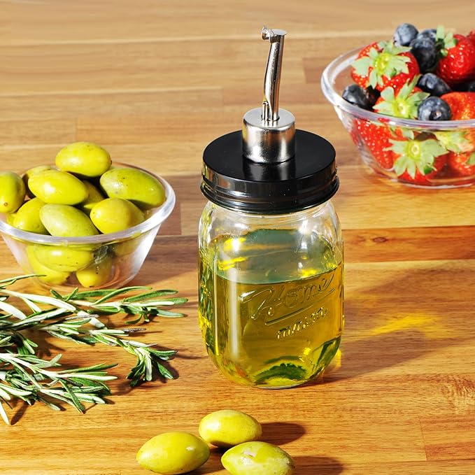SheeChung Oil Dispenser Bottle for Kitchen, Glass Cooking Oil Bottle, 16oz Mason Jar Vinegar Dispenser Set with Brush, Stainless Steel Pour Spout, Rustic Farmhouse Kitchen Decor 1 Pack