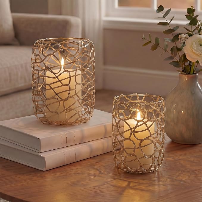 Nest Decorative Lanterns for 2'' & 3'' Pillar Candles, Gold Candle Holders Set of 2, Modern Metal Candleholder Stand for Fireplace Mantel Decor & Table Centerpieces for Christmas