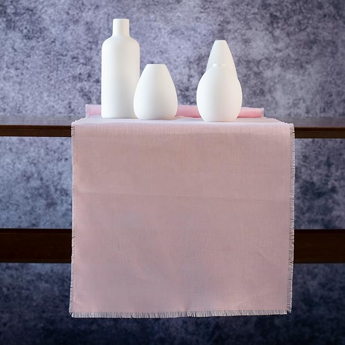 Pink Linen Table Runner with Fringe- 14x48 inches Long, 100% Pure Linen Runner for Table, Small Table Runner for Valentines Day, Spring and Summer –Thin but Luxury, Handmade