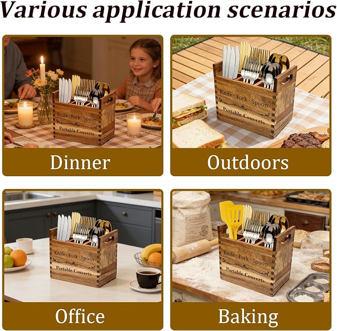 2-in-1 Acacia Wood Kitchen Utensil Holder, Large Farmhouse Countertop Storage with Removable Silverware Caddy, Rustic Wooden Cooking Container for Counter, Island & Dining Room