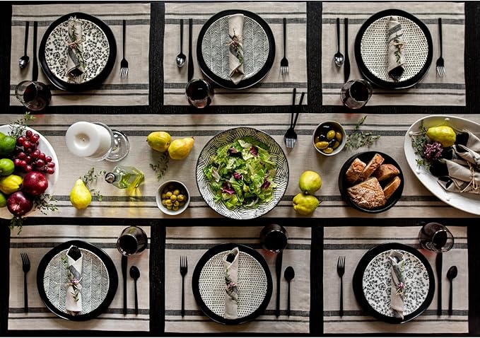 Solino Home Linen Table Runner 120 Inches Long - 100% Pure Linen Black and Natural French Stripe Table Runner 14 x 120 Inch for Dining, Spring, Summer