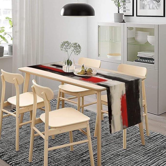 Abstract Red Grey Table Runner Vintage Black White Modern Art Burlap Table Dinner Runner for Farmhouse Cabin Coffee Kitchen Dining Holiday Party Home Decoration 13x36in