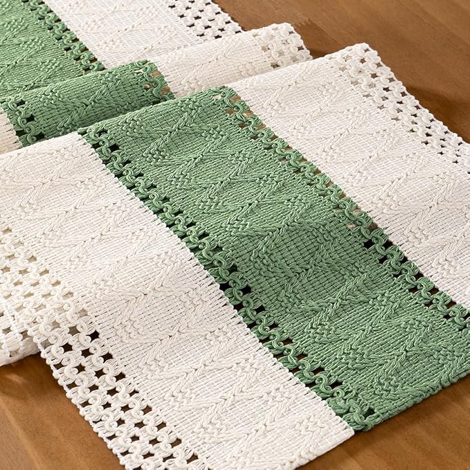 MLMC Sage Green Boho Table Runner Farmhouse Macrame Woven Table Runner 60 inch Long Rustic Cotton Linen Blend Table Decor for Dinning Kitchen Wedding Bridal Shower Eveyrday Use 12x60 Inch