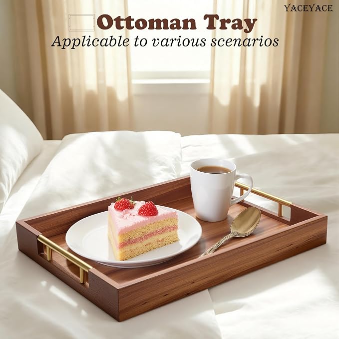 Wooden Serving Tray with Metal Handles, 14" x 9.8" x 1.7" Small Serving Tray for Kitchen Counter, Ottoman Coffee Table, Bathroom, Home Decor