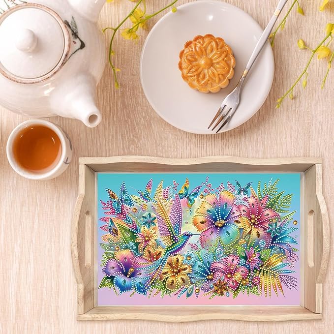 BAYUNOE 2Pcs DIY Diamond Serving Tray Rectangular Breakfast Tray with Handle Handmade Diamond Art Painting Wooden Tray Spring Creative Dinner Plate Coffee Room Living Home Organizer-04