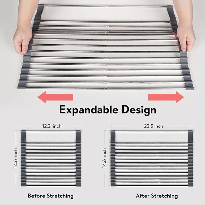 Roll Up Dish Drying Rack Over The Sink, 304 Stainless Stee Dish Drainer, Foldable & Adjustable Sink Drying Rack for Kitchen Sink Counter with Utensil Holder (Gray, Expandable)