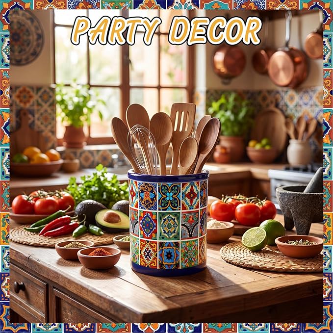 LemonRoad 6.7" H Talavera Utensil Holder for Kitchen Counter,Ceramic Cooking Utensil Crock Modern Farmhouse Countertop Organizer for Spatula Ladle Kitchen Counter Decor