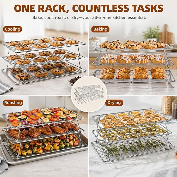 Cooling Rack, 3 Tier Stackable Cooling Racks for Cooking Baking Roasting, Multi-Level Collapsible Cookie Rack for Cakes, Oven Safe & Easy Clean (Silver, 3-Tier-SL)