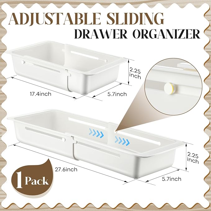 1 Pack Deep Drawer Organizer Bins, Sliding Drawer Organizer Bin Expandable and Adjustable Tray for Kitchen Utensils, Towels, BBQ Tools, Durable Plastic Sliding for Easy Storage (17.4-27.6")