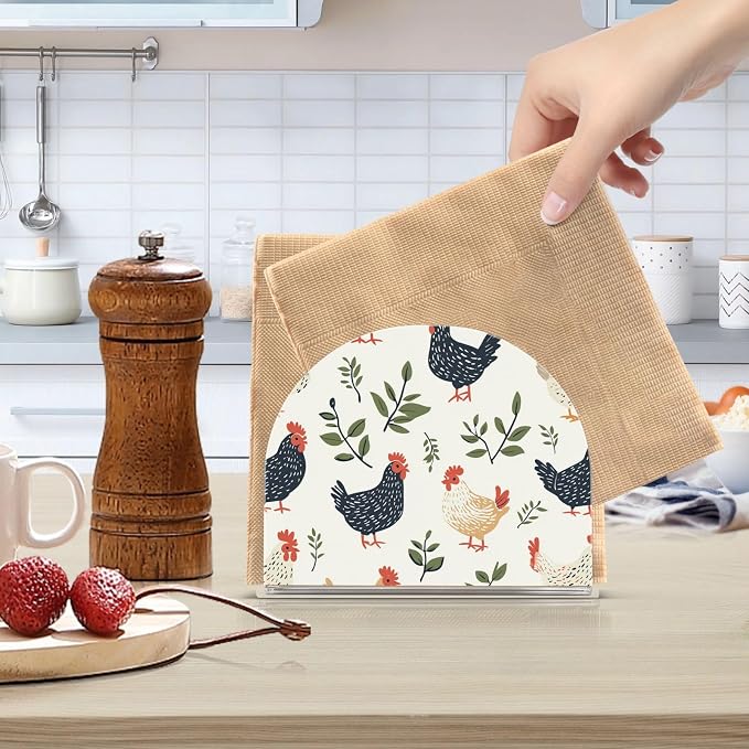 Farm Chicken Hens with Leaves Beige Napkin Holder for Table Acrylic Vertical Napkin Holders for Paper Napkins Decorative Napkin Dispenser for Home Party Dining Cocktail Kitchen Accessories, 2 Pack