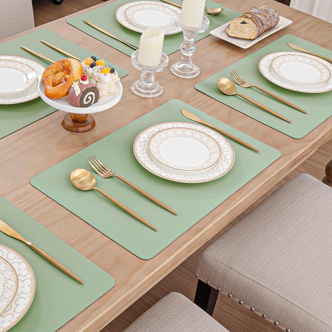 SHACOS Placemats Set of 6 Faux Leather Waterproof Leakproof Wipeable PU Non-Slip Vinyl Place Mats Heat Resistant Table Mats for Kitchen Dining Table Indoor Outdoor, Pale Green
