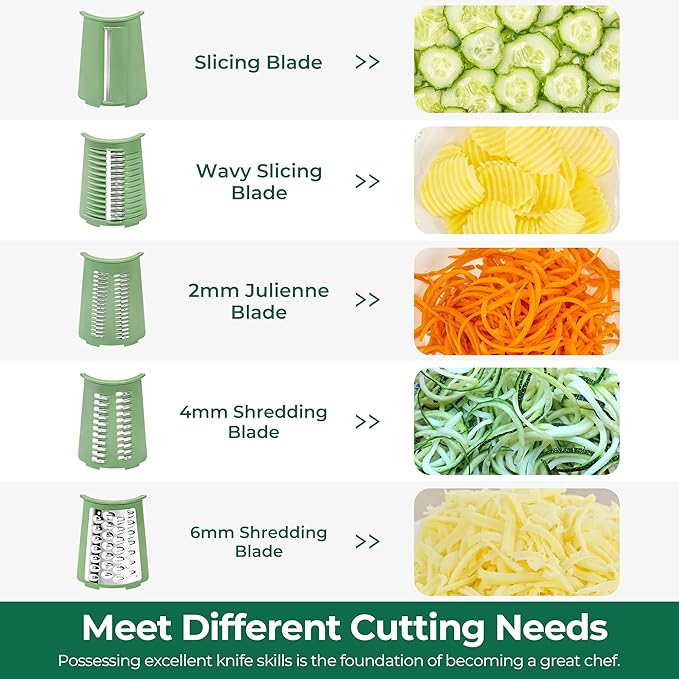 SUSTEAS Rotary Cheese Grater with Handle - Vegetable Shredder with 5 Well-designed Blades & Strong Suction Base,Round Mandoline Slicer & Food Chopper for Kitchen,with Blade Storage Box(Retro Green)